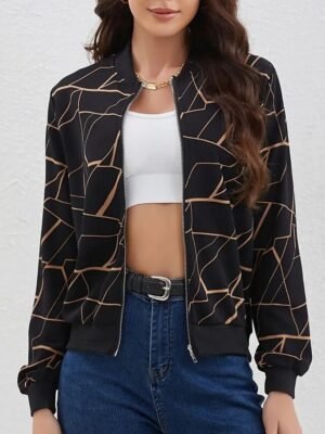 Casual Regular Fit Geometric Stand Collar Long Sleeve Bomber Jacket - Image 1