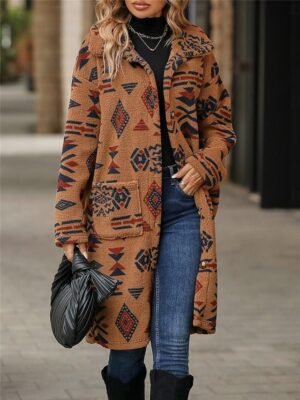 Casual Regular Fit Geometric Turndown Long Sleeve Long Teddy Coat - Image 8