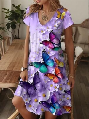 Casual Regular Fit Graphic Paisley V Neck Short Sleeve Mini Dress - Image 3