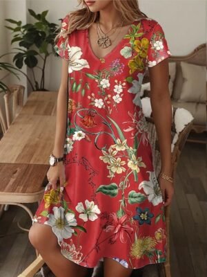 Casual Regular Fit Graphic Paisley V Neck Short Sleeve Mini Dress - Image 4