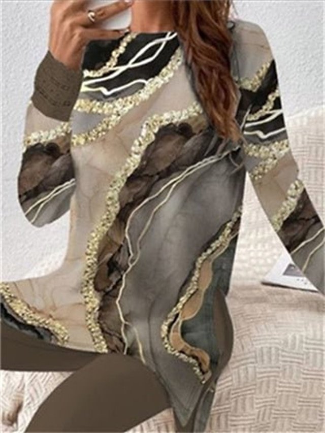 Casual Regular Fit Graphic Print Crew Neck Long Sleeve Trousers Set - Image 2