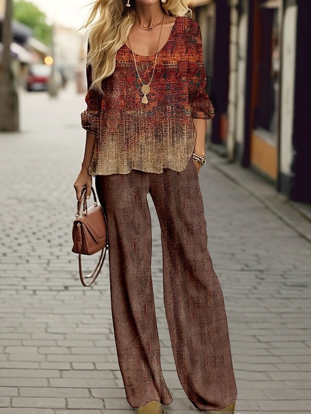 Casual Regular Fit Graphic Print Round Neck Long Sleeve Two Piece Set - Image 1