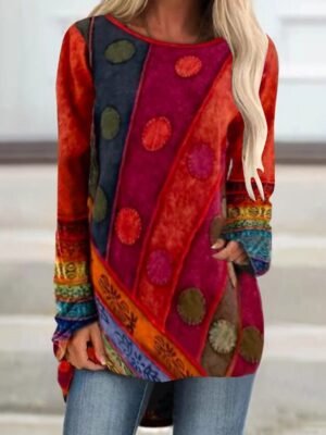 Casual Regular Fit Graphic Round Neck Long Sleeve Tunic - Image 1