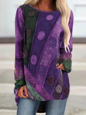 Casual Regular Fit Graphic Round Neck Long Sleeve Tunic - Image 3