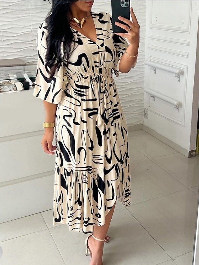 Casual Regular Fit Graphic V Neck 3/4 Sleeve Maxi Dress - Image 1