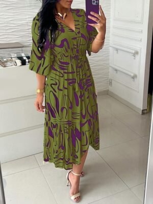 Casual Regular Fit Graphic V Neck 3/4 Sleeve Maxi Dress - Image 2