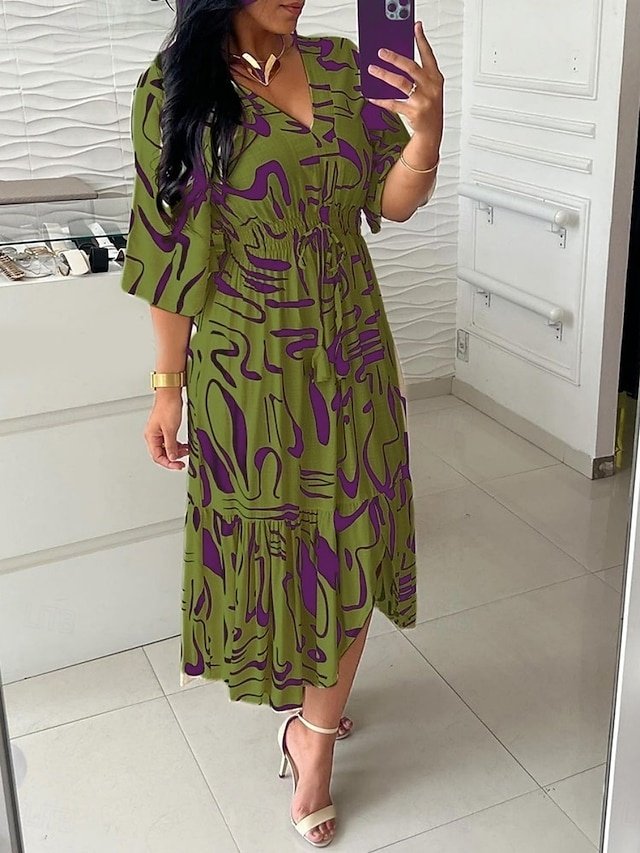 Casual Regular Fit Graphic V Neck 3/4 Sleeve Maxi Dress - Image 2