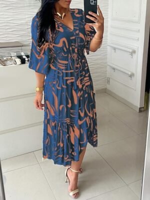Casual Regular Fit Graphic V Neck 3/4 Sleeve Maxi Dress - Image 3