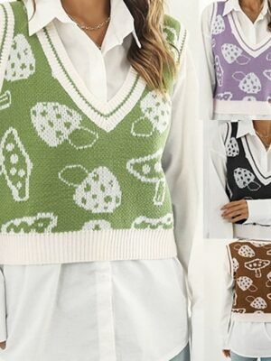 Casual Regular Fit Graphic V Neck Sleeveless Knit Sweater Vest - Image 1