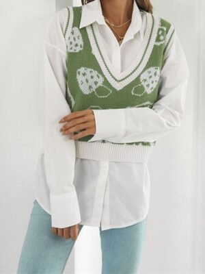Casual Regular Fit Graphic V Neck Sleeveless Knit Sweater Vest - Image 2