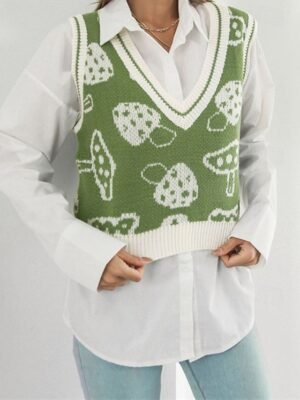 Casual Regular Fit Graphic V Neck Sleeveless Knit Sweater Vest - Image 3