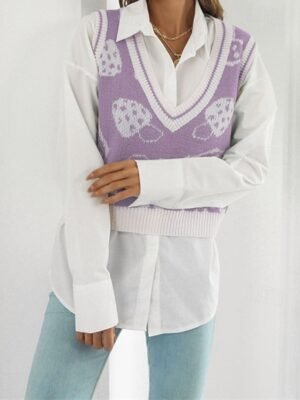 Casual Regular Fit Graphic V Neck Sleeveless Knit Sweater Vest - Image 5
