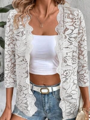 Casual Regular Fit Lace Patchwork Open Front 3/4 Sleeve Outerwear - Image 1