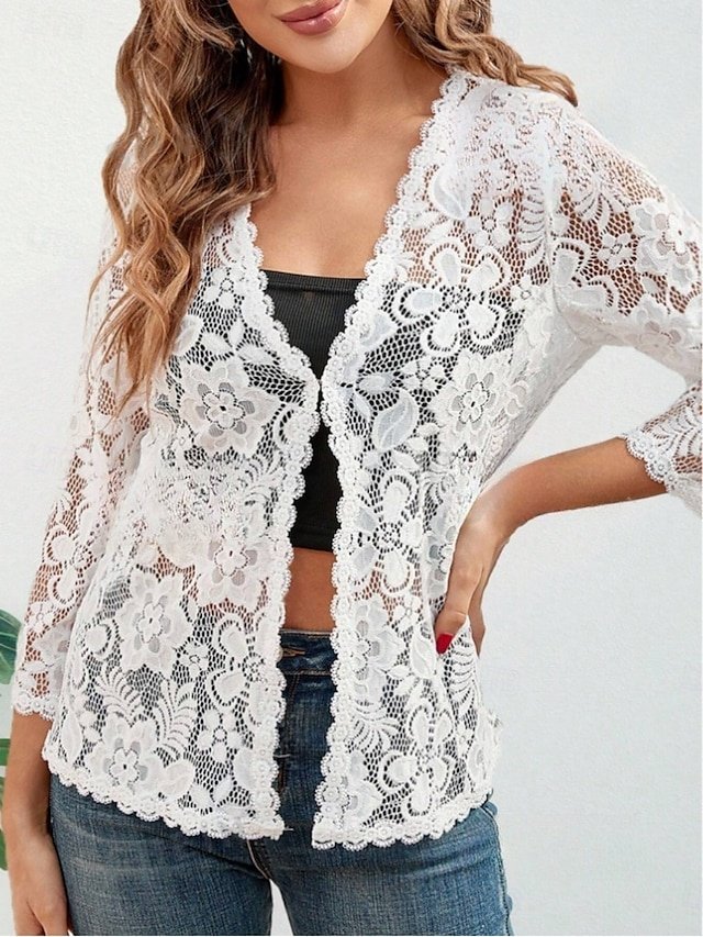 Casual Regular Fit Lace V Neck Long Sleeve Jacket - Image 1