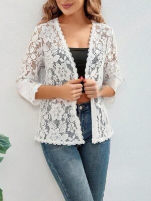 Casual Regular Fit Lace V Neck Long Sleeve Jacket - Image 3