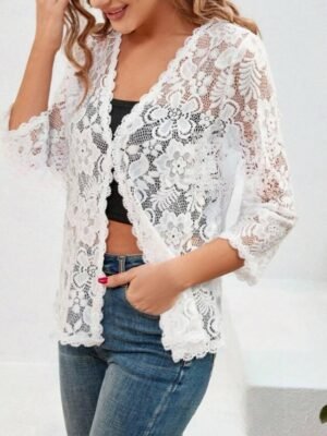 Casual Regular Fit Lace V Neck Long Sleeve Jacket - Image 4