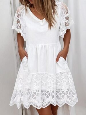 Casual Regular Fit Lace V Neck Short Sleeve Mini Dress - Image 1