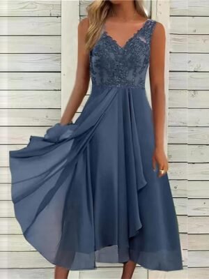 Casual Regular Fit Lace V Neck Sleeveless Midi Dress - Image 1