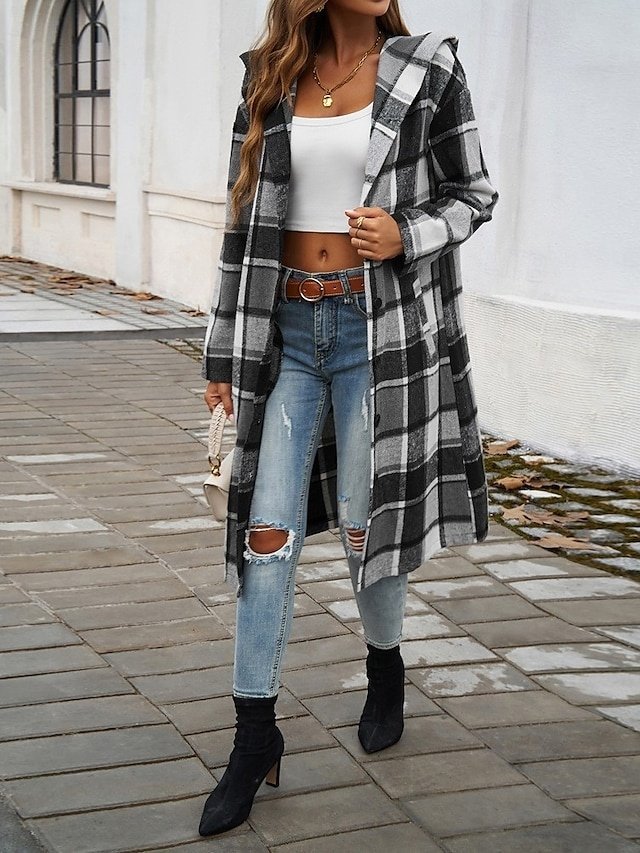 Casual Regular Fit Lattice Collarless Long Sleeve Coat - Image 1
