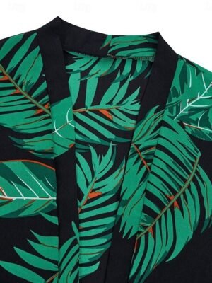 Casual Regular Fit Leaf Print Collarless Half Sleeve Jacket - Image 12