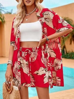 Casual Regular Fit Leaf Print Collarless Half Sleeve Jacket - Image 4