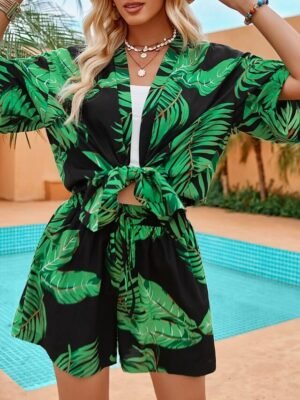 Casual Regular Fit Leaf Print Collarless Half Sleeve Jacket - Image 7