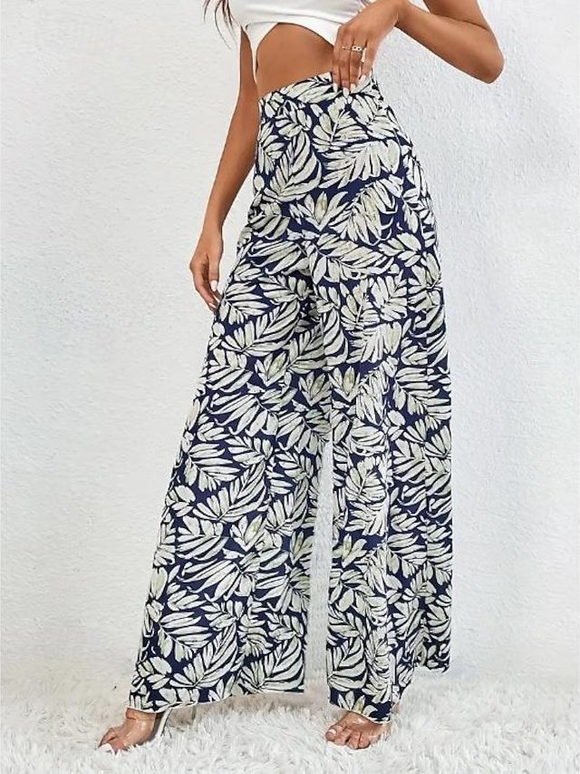 Casual Regular Fit Leaf Print Wide Leg Trousers - Image 1