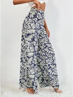 Casual Regular Fit Leaf Print Wide Leg Trousers - Image 2