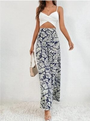 Casual Regular Fit Leaf Print Wide Leg Trousers - Image 5