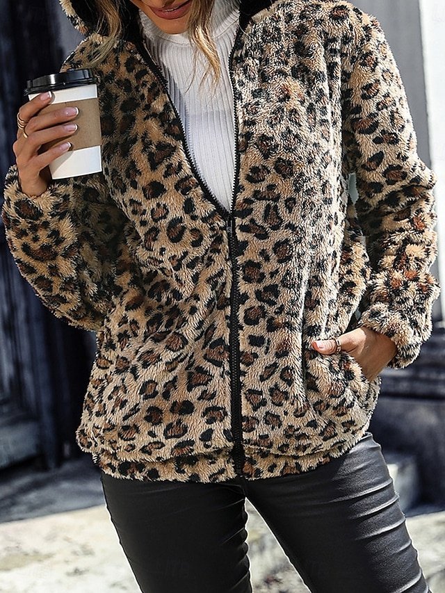 Casual Regular Fit Leopard Hoodie Long Sleeve Fleece Jacket - Image 1