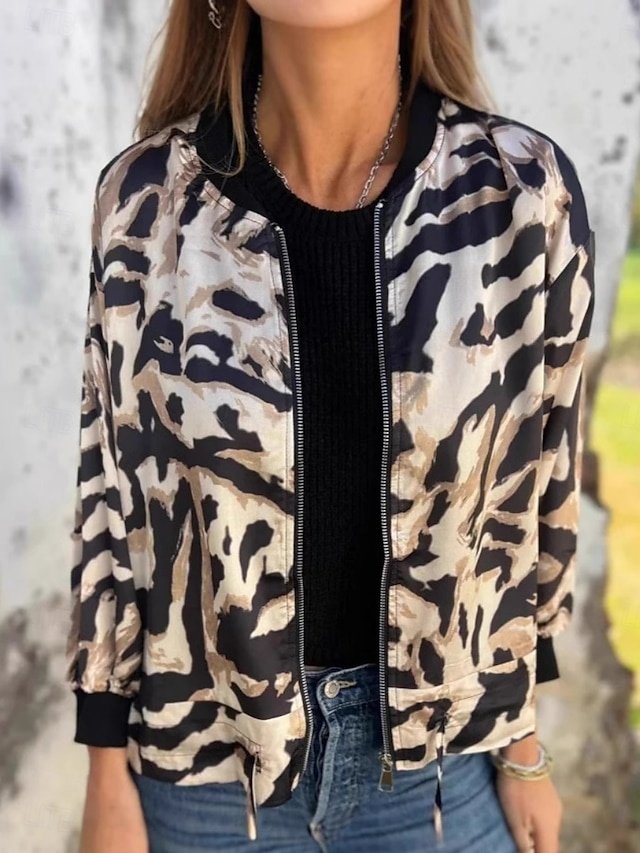 Casual Regular Fit Leopard Print Stand Collar Long Sleeve Bomber Jacket - Image 1