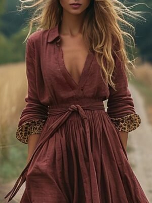Casual Regular Fit Leopard V Neck Long Sleeve Maxi Dress - Image 2