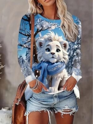 Casual Regular Fit Lion Cub Print Crew Neck Long Sleeve Pullover - Image 1