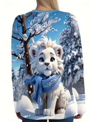 Casual Regular Fit Lion Cub Print Crew Neck Long Sleeve Pullover - Image 2