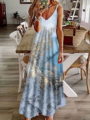 Casual Regular Fit Marble V Neck Sleeveless Maxi Dress - Image 1