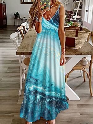 Casual Regular Fit Marble V Neck Sleeveless Maxi Dress - Image 2