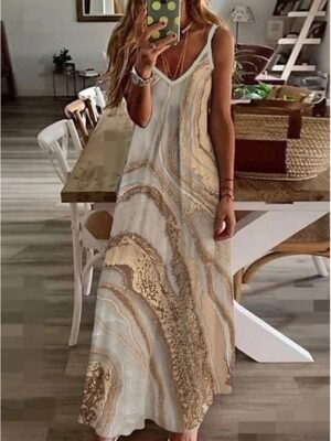 Casual Regular Fit Marble V Neck Sleeveless Maxi Dress - Image 3