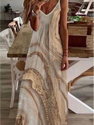 Casual Regular Fit Marble V Neck Sleeveless Maxi Dress - Image 4