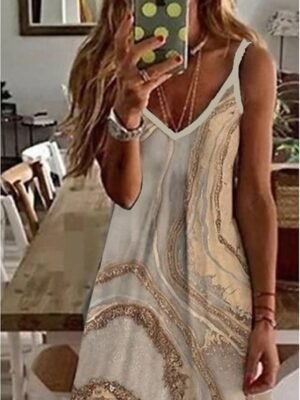 Casual Regular Fit Marble V Neck Sleeveless Maxi Dress - Image 5