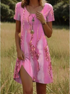 Casual Regular Fit Ombre Marble Crew Neck Short Sleeve Mini Dress - Image 6