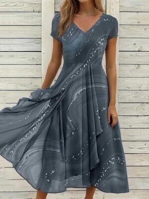 Casual Regular Fit Ombre Marble V Neck Short Sleeve Midi Dress - Image 1