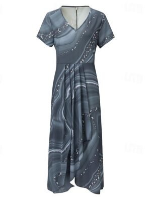 Casual Regular Fit Ombre Marble V Neck Short Sleeve Midi Dress - Image 6