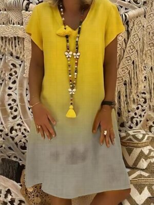Casual Regular Fit Ombre V Neck Short Sleeve Midi Dress - Image 4