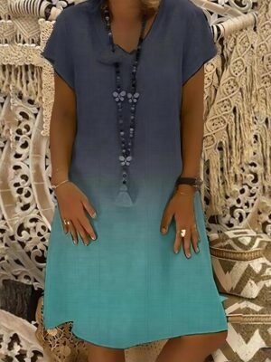 Casual Regular Fit Ombre V Neck Short Sleeve Midi Dress - Image 6