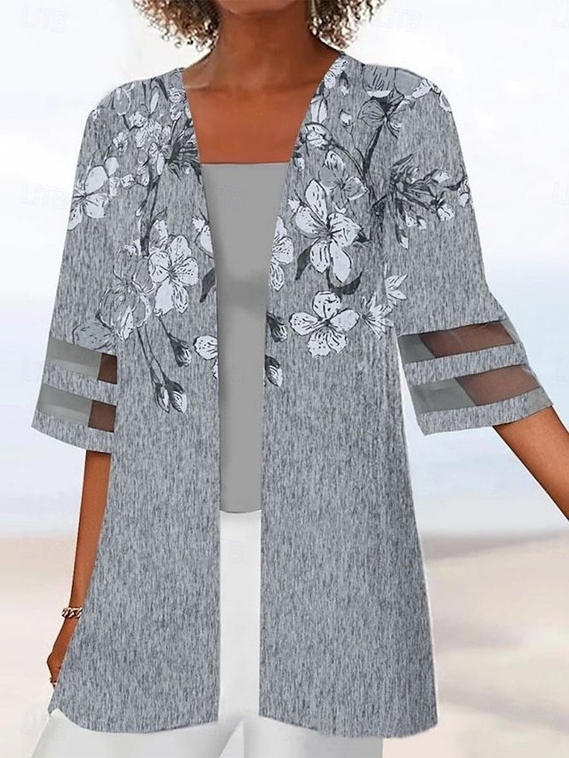 Casual Regular Fit Patchwork Floral Collarless 3/4 Sleeve Jacket - Image 1