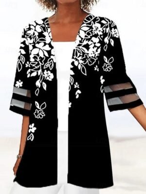 Casual Regular Fit Patchwork Floral Collarless 3/4 Sleeve Jacket - Image 2