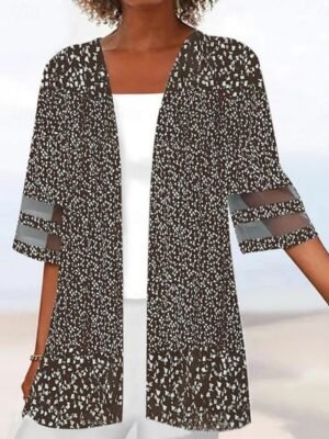 Casual Regular Fit Patchwork Floral Collarless 3/4 Sleeve Jacket - Image 3