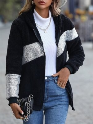 Casual Regular Fit Patchwork Sequin Zipper Long Sleeve Hoodie - Image 2