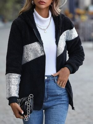 Casual Regular Fit Patchwork Sequin Zipper Long Sleeve Hoodie - Image 5