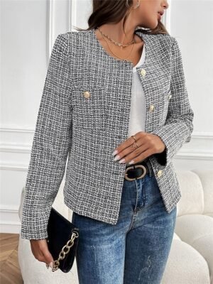 Casual Regular Fit Plaid Crewneck Long Sleeve Short Jacket - Image 1